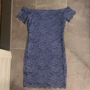 Periwinkle Blue Lace Off the Shoulder / Boat Neck Bodycon Mini Dress